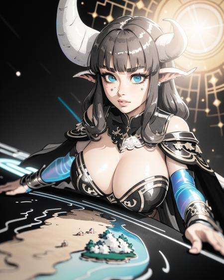 (masterpiece:1.5), (best quality:1.5),inksketch, sadness, 1girl, ass, bangs, blush, breasts, bridal gauntlets, cape, detached sleeves, horns, jewelry, navel, parted lips, revealing clothes, sitting, solo, thighs (masterpiece, best quality, ultra-detailed), (beautiful detailed face, beautiful detailed eyes), mksks style, beautiful background, (beautiful island, holographic interface, lens flare, chromatic aberration:1.2), 