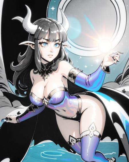 (masterpiece:1.5), (best quality:1.5),inksketch, sadness, 1girl, ass, bangs, blush, breasts, bridal gauntlets, cape, detached sleeves, horns, jewelry, navel, parted lips, revealing clothes, sitting, solo, thighs (masterpiece, best quality, ultra-detailed), (beautiful detailed face, beautiful detailed eyes), mksks style, beautiful background, (beautiful island, holographic interface, lens flare, chromatic aberration:1.2), 