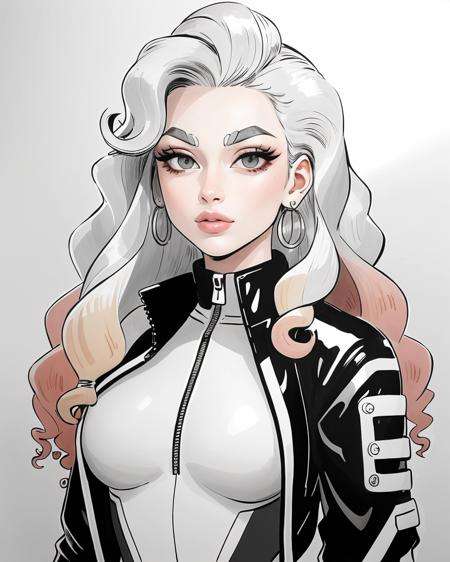(masterpiece:1.5), (best quality:1.5),inksketch, 1girl, solo, pink gloves, gloves, blonde hair, lips, long hair, upper body, gradient background, small breasts, bodysuit, thick eyebrows, breasts, gradient, wavy hair, jacket, earrings, jewelry, grey eyes, nose, zipper, curly hair,none color