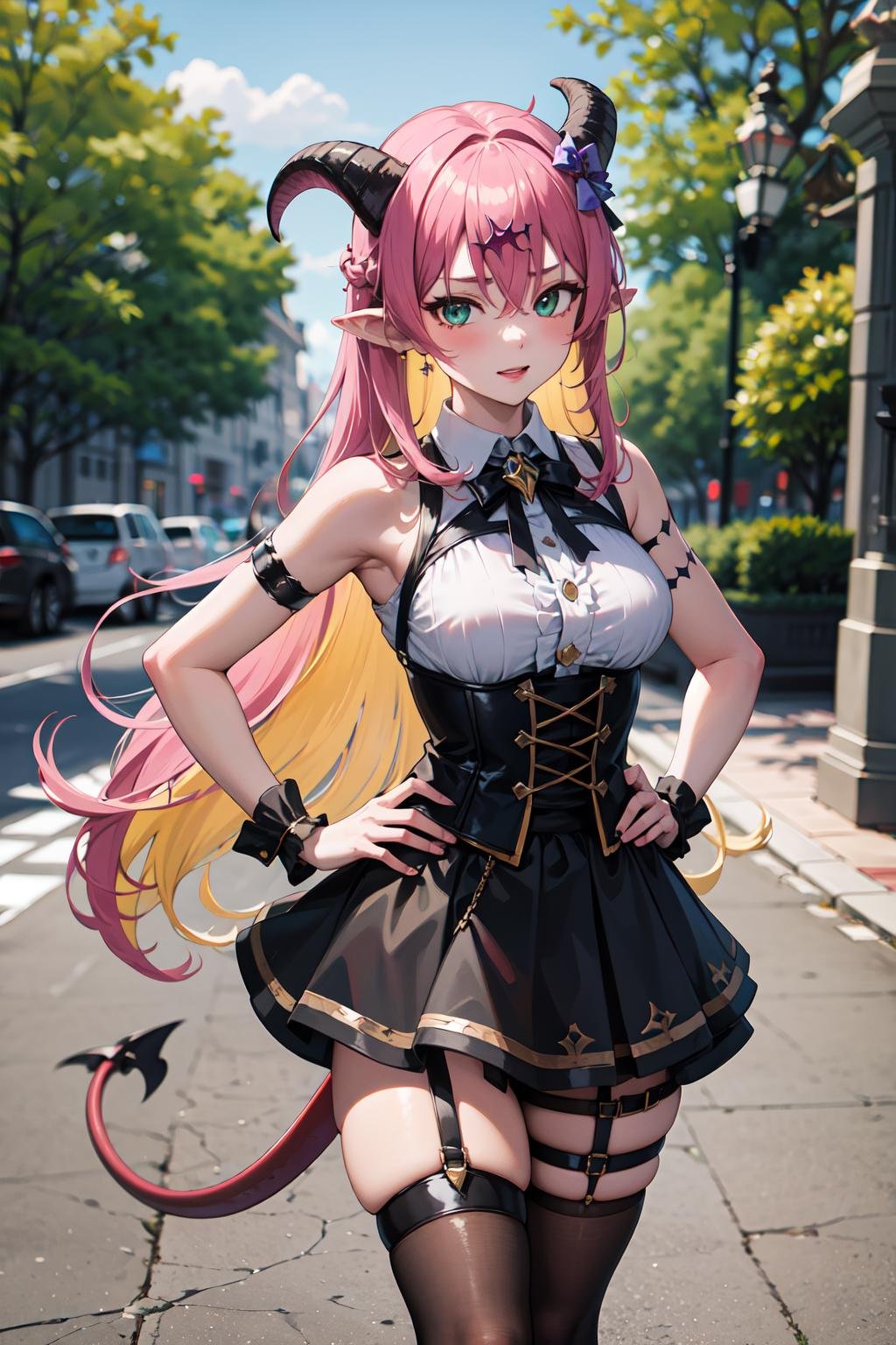 masterpiece, best quality, highres, aloe1, 1girl, solo, pointy ears, multicolored hair, asymmetrical horns, demon horns, hair ornament, blonde hair, chest harness, thighhighs, long hair, asymmetrical legwear, pink hair, sleeveless, bare shoulders, demon tail, thigh strap, wrist cuffs, green eyes, arm strap, skirt, horn bow, mismatched legwear, sleeveless horn ornament, bangs, headphones around neck, uneven legwear, hair between eyes,  <lora:mano_aloe_v10:0.6>, outdoors, hand on hip, 