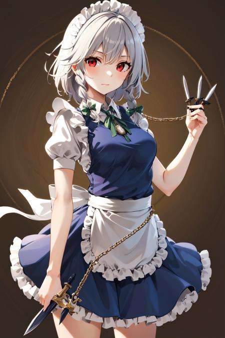 masterpiece, best quality, highres,  1girl, solo, sakuya1, izayoi sakuya, maid, red eyes, grey hair, medium breasts, <lora:izayoi_sakuya_v1:0.7>, pocket watch, knife