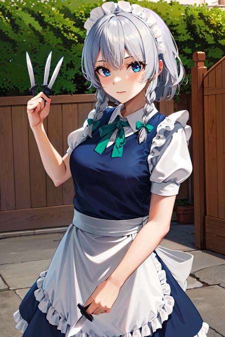 masterpiece, best quality, highres,  1girl, solo, sakuya1, izayoi sakuya, <lora:izayoi_sakuya_v1:0.8>, maid, blue eyes, grey hair, medium breasts, knife, outdoors, 