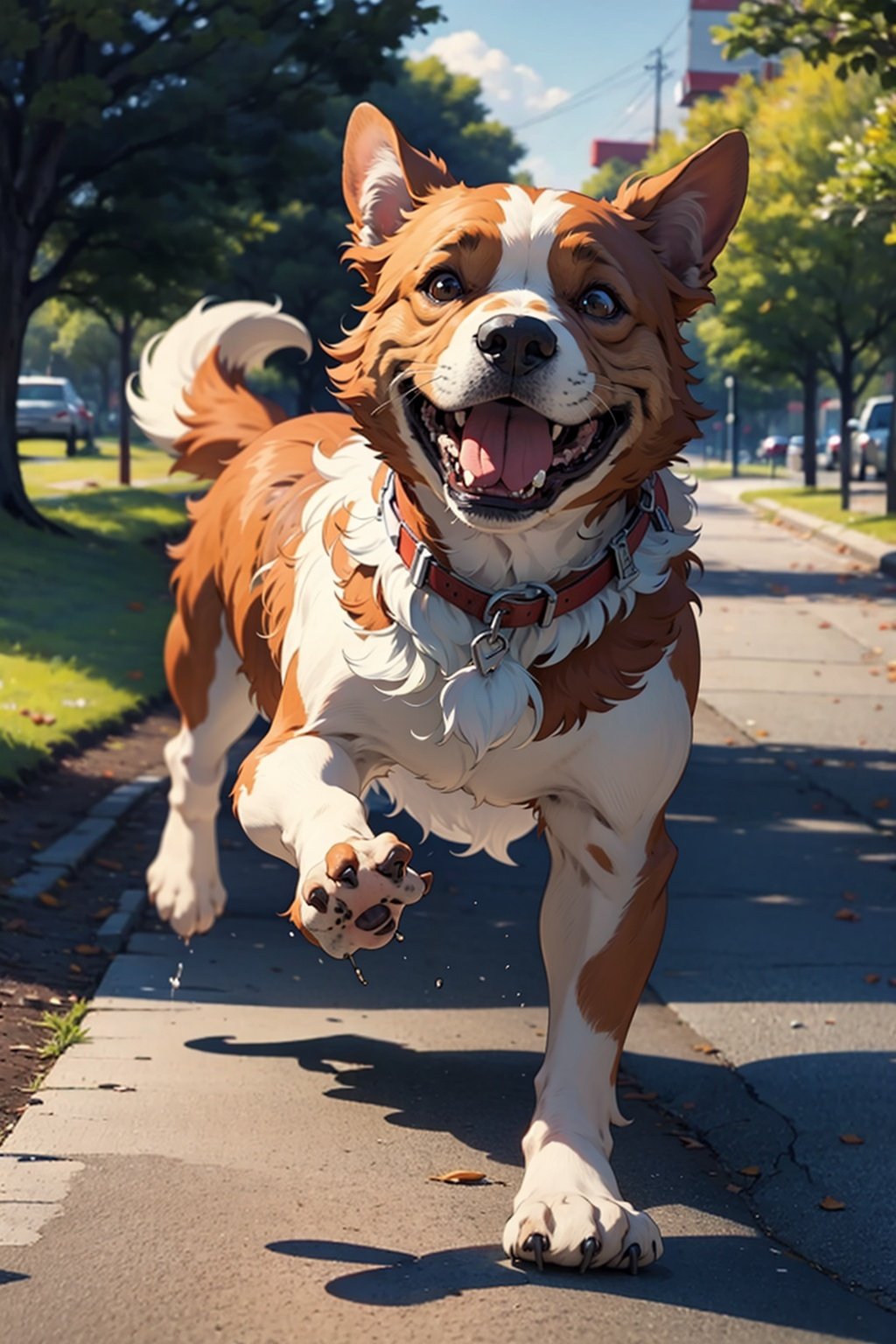 an happy dog running in a park, tongue out,