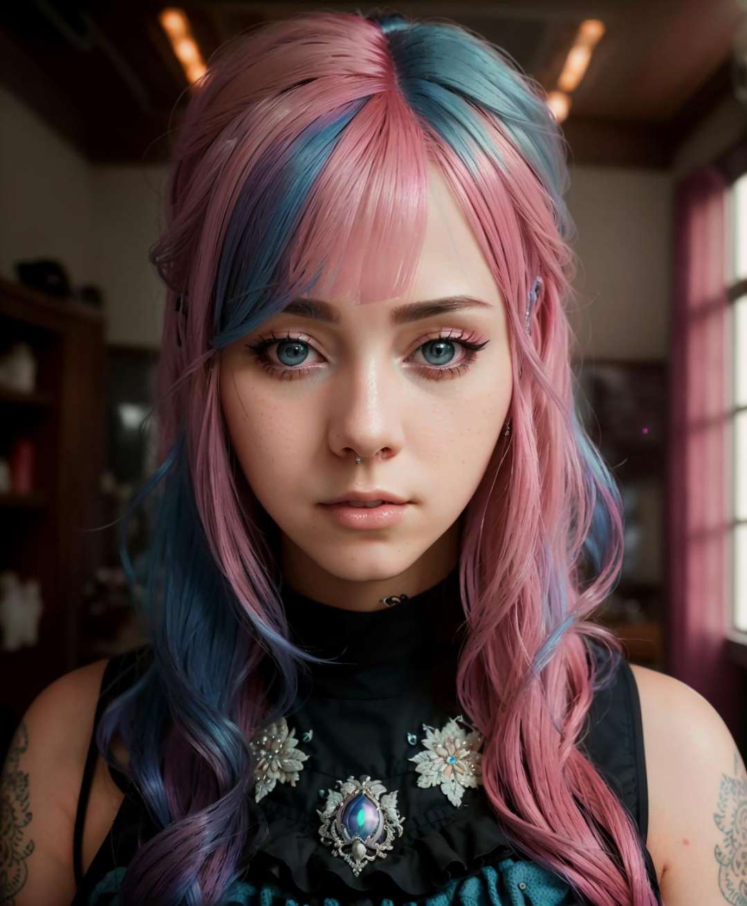 an award winning portrait of a seductive (hlfcol haired girl with pink and blue hair), hyper realistic, detailed, intricate, insane fine details, cinematic lighting, professional photoshoot, art by and mooncryptowow    <lora:hlfcol:0.8>