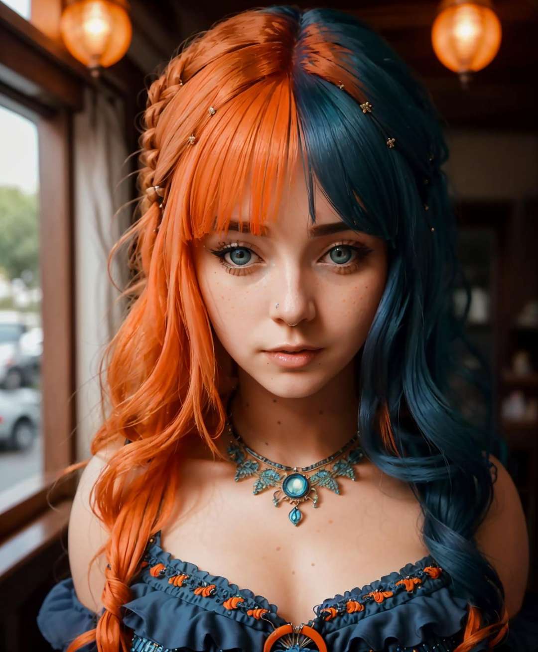 an award winning portrait of a seductive (hlfcol haired girl with blue and orange hair), Boho mini dress dress, hyper realistic, detailed, intricate, insane fine details, cinematic lighting, professional photoshoot, art by and mooncryptowow    <lora:hlfcol:0.8>