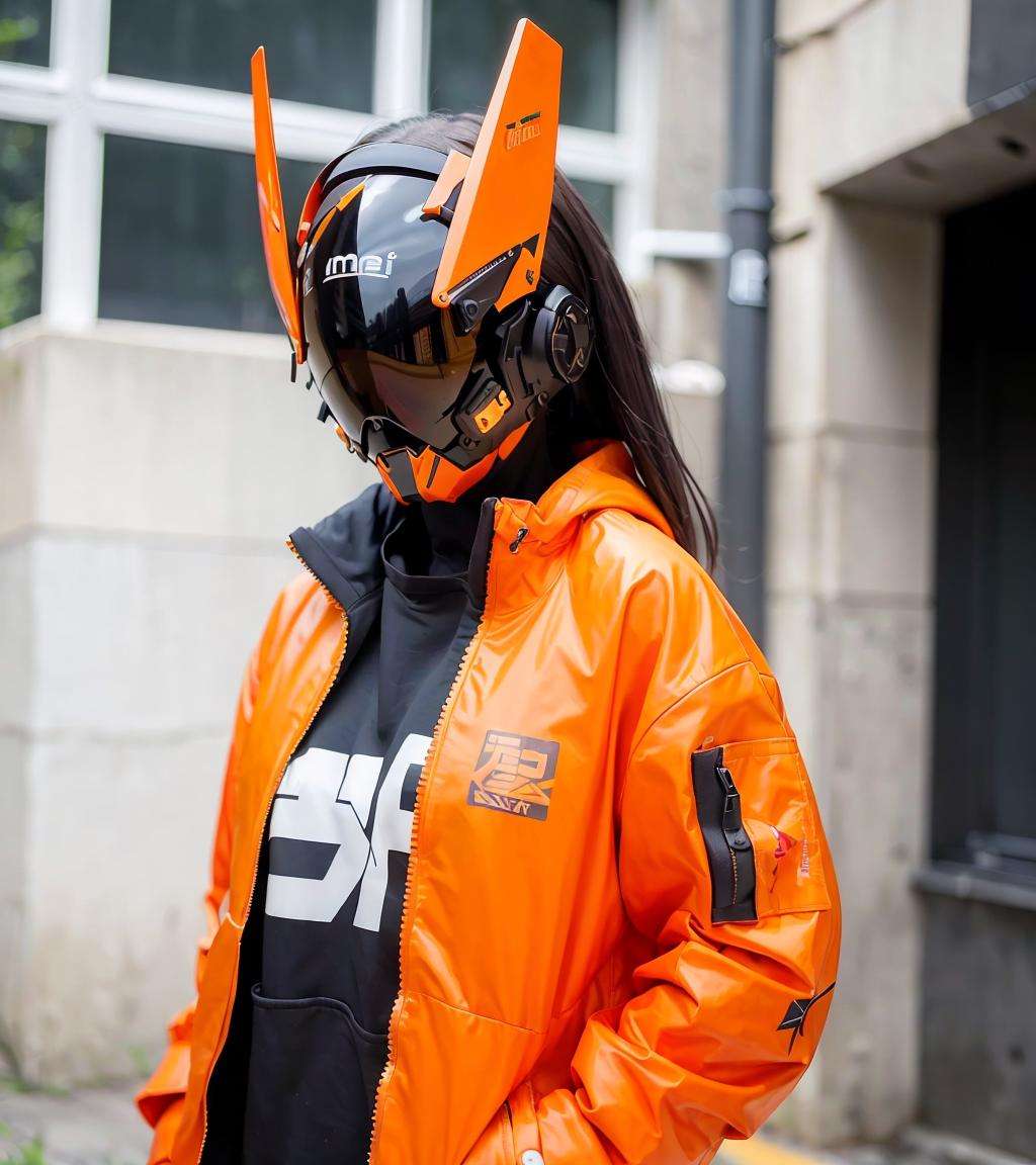 (original: 1.2), masterpiece, best quality, a woman with a fantastic cyberhelmet, wearing a orange techwear jacket, on the street <lora:cyberhelmetv0.7:0.7>