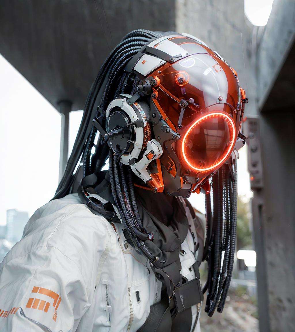 (original: 1.2), masterpiece, best quality, a close up of a futuristic looking cyborg girl with  a white cyberhelmet head with dreadlocks and red circle led and a metal design on it and a Holographic halo, wearing a orange techwear jacket, on the street <lora:cyberhelmetv0.7:1>