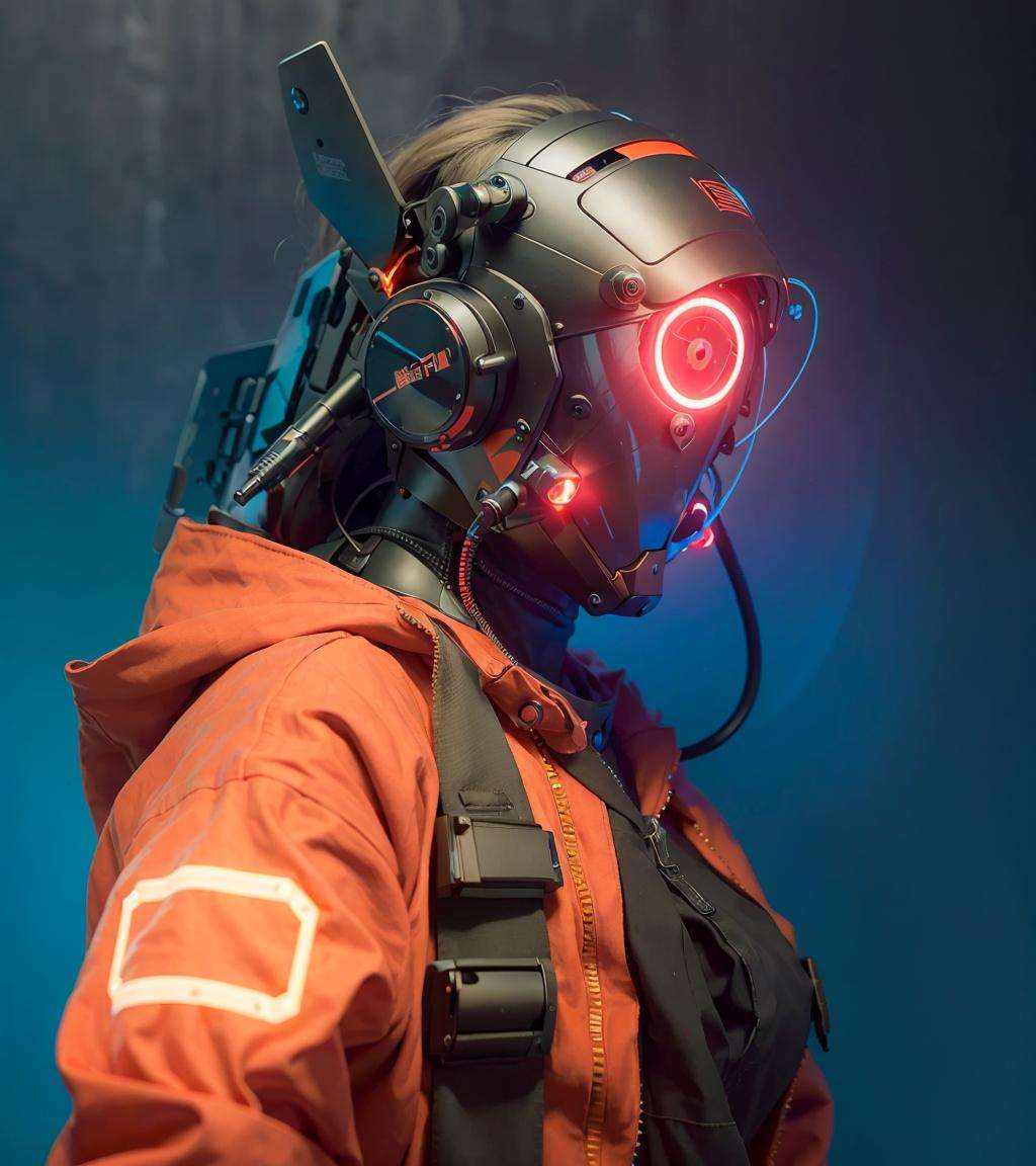 masterpiece, best quality, a close up of a futuristic looking cyborg girl with a fantastic cyberhelmet head with red triangle led lights and a halo, wearing a orange techwear jacket, white background <lora:cyberhelmetv0.7:0.8>