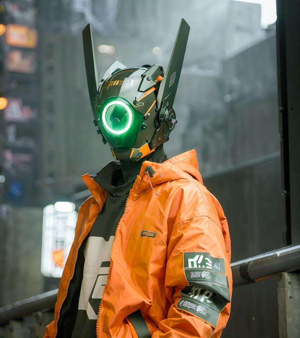 (original: 1.2), masterpiece, best quality, a cyborg in a cyberhelmet head with a green circle led light, wearing a orange techwear jacket, on the street <lora:cyberhelmetv0.7:0.9>