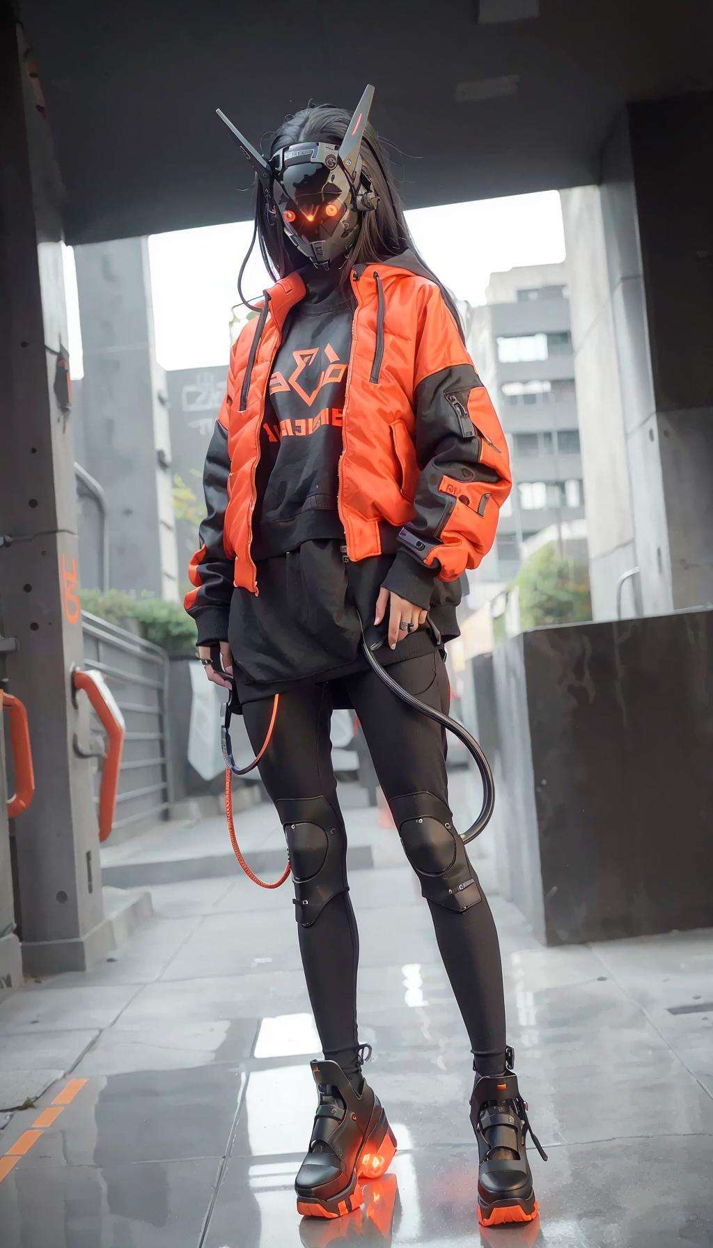 (original: 1.2), masterpiece, best quality, a futuristic looking cyborg girl with a black cyberhelmet head with red triangle led lights and a halo, wearing a orange techwear jacket, cool pose, long legs, on the street <lora:cyberhelmetv0.7:0.8>