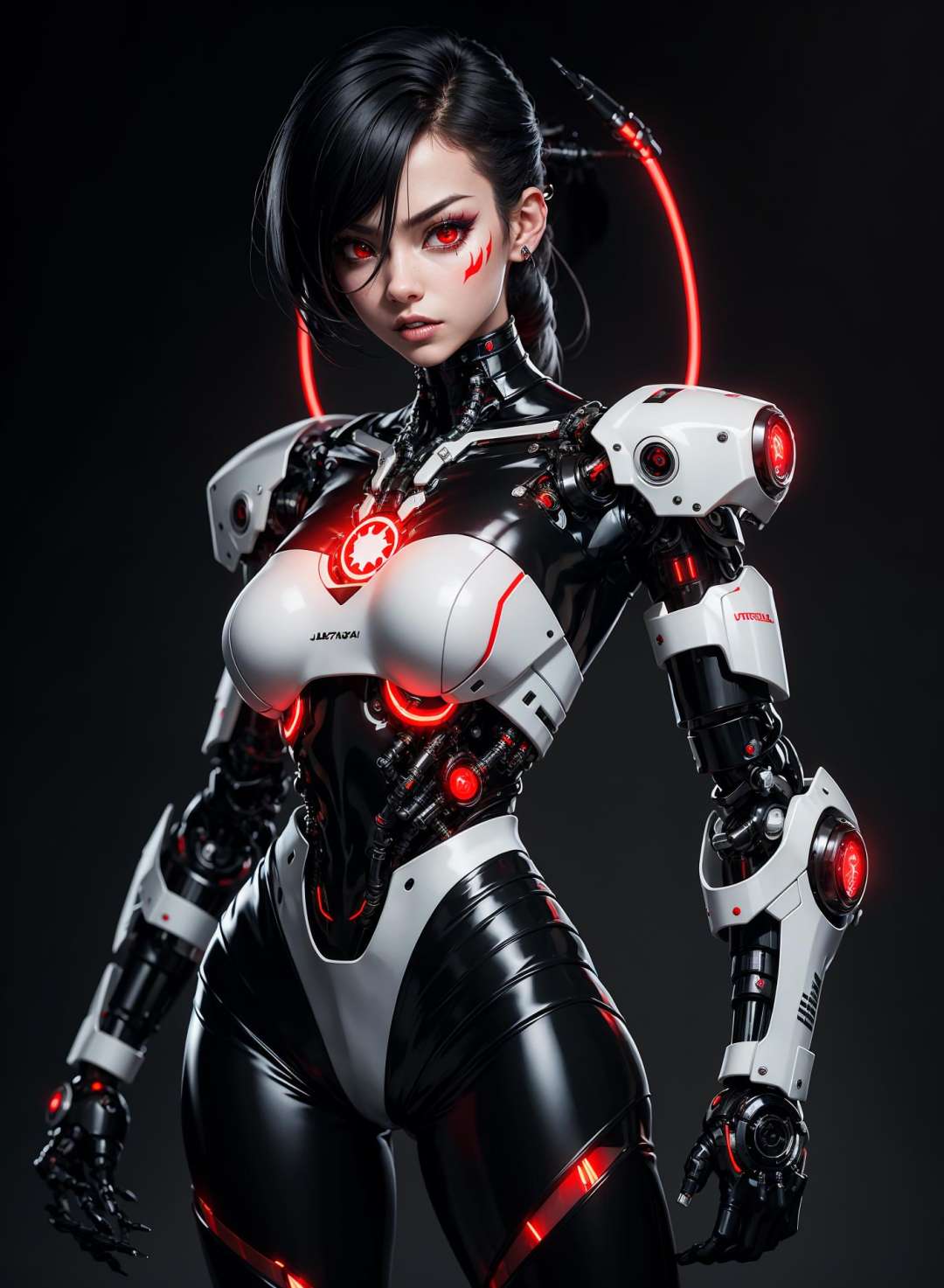 nijistyle, full body of cyborg lady, cybernetic jaw, mechanical parts, white shirt, unbottoned, black latex skirt, metal skin, glowing red eyes, cables, wires, black hair, simple background