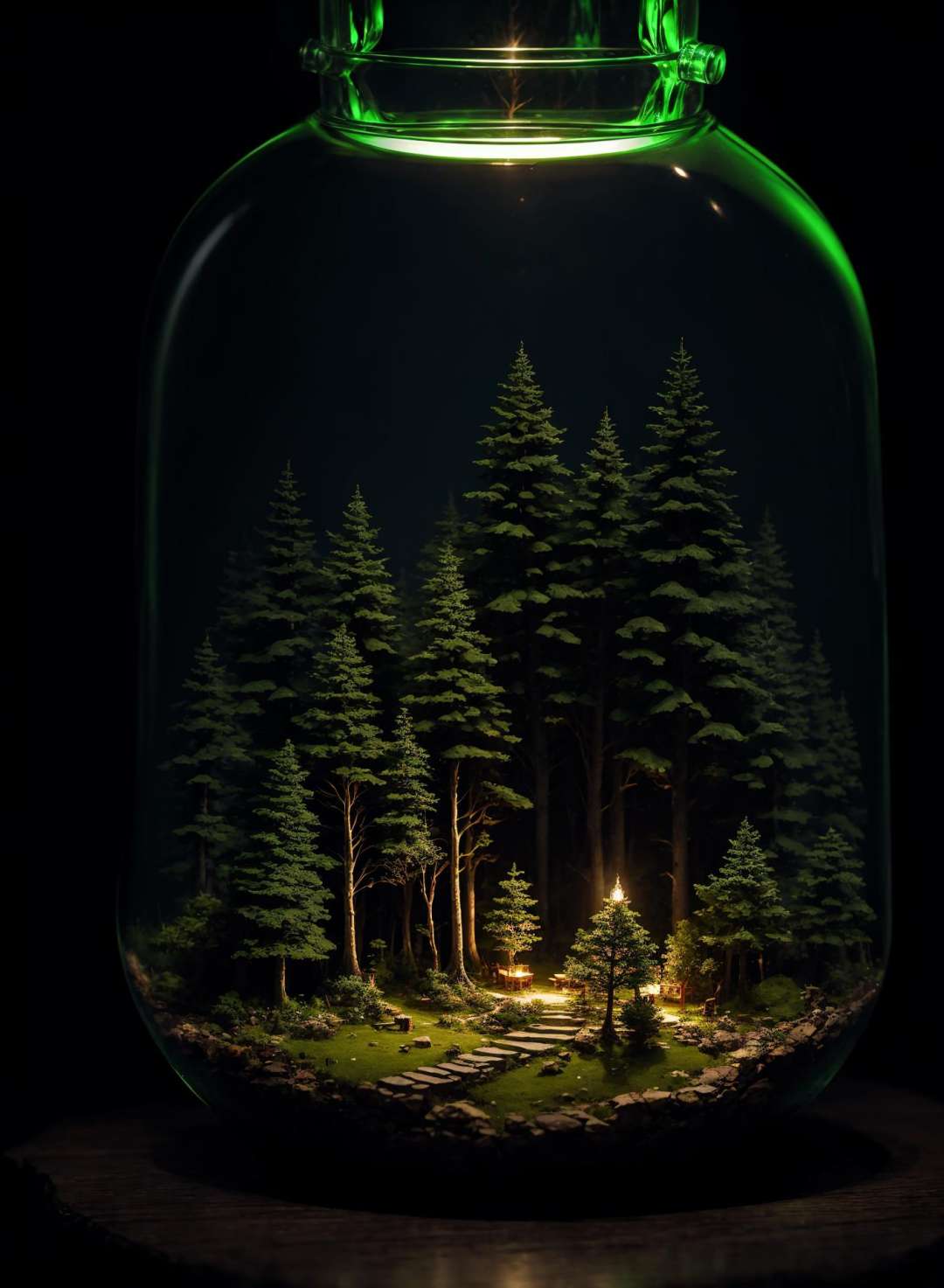 (An intricate forest minitown landscape trapped in a bottle), atmospheric oliva lighting, on the table, 4k UHD, dark vibes, hyper detailed, vibrant colours, epic composition, octane render, sharp focus, high resolution isometric