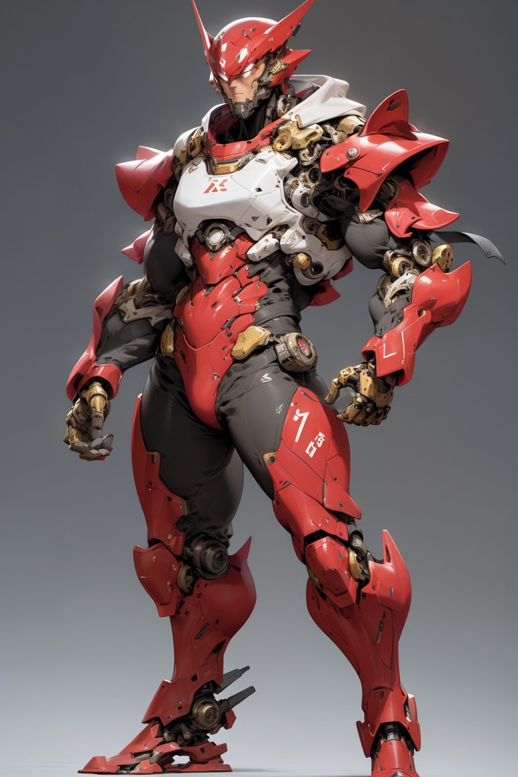 masterpiece, best quality, 1boy, red and black armor, red and black bodysuit, full body ,  bald, mechanical arms, male focus, science fiction, solo, standing,  simple background <lora:nijiMecha:1>