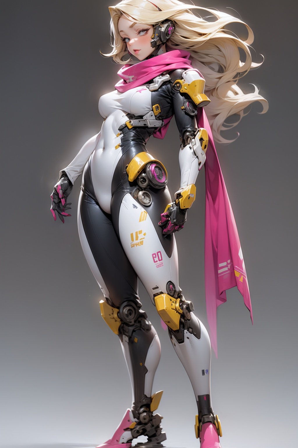masterpiece, best quality, 1girl, bodysuit, full body , long hair, blonde hair, mechanical arms, medium breasts, pink scarf, science fiction, solo, standing,  simple background <lora:nijiMecha:1>