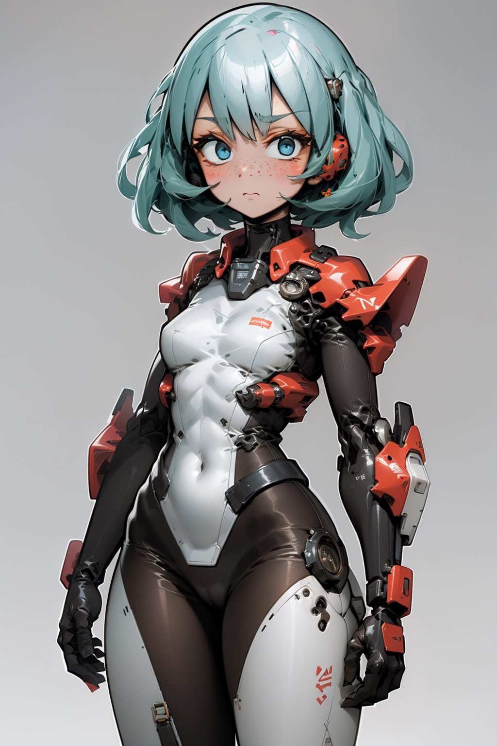 masterpiece, best quality, 1girl, gris, solo, mecha, bodysuit, mechanical arms, blue eyes, freckles, blue hair, short hair, blush, looking at viewer, thick lineart,  science fiction, simple background <lora:Gris:0.8> <lora:nijiMecha:1>