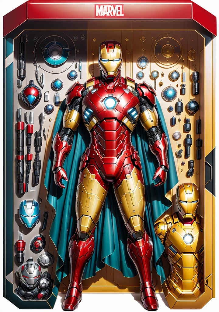premium playset toy box, (Intricate:1.4), (masterpiece, best quality, ultra detailed, absurdres), (diorama:1.2), action figure box,   (inboxDollPlaySetQuiron style), the  Iron Man (Marvel Comics): Iron Man's red and gold armor, glowing arc reactor, and charismatic personality have made him a favorite among superhero cosplayers.,  jealous, (toy playset pack),    <lora:quiron_inboxDollPlaySet_v1_lora:0.97>