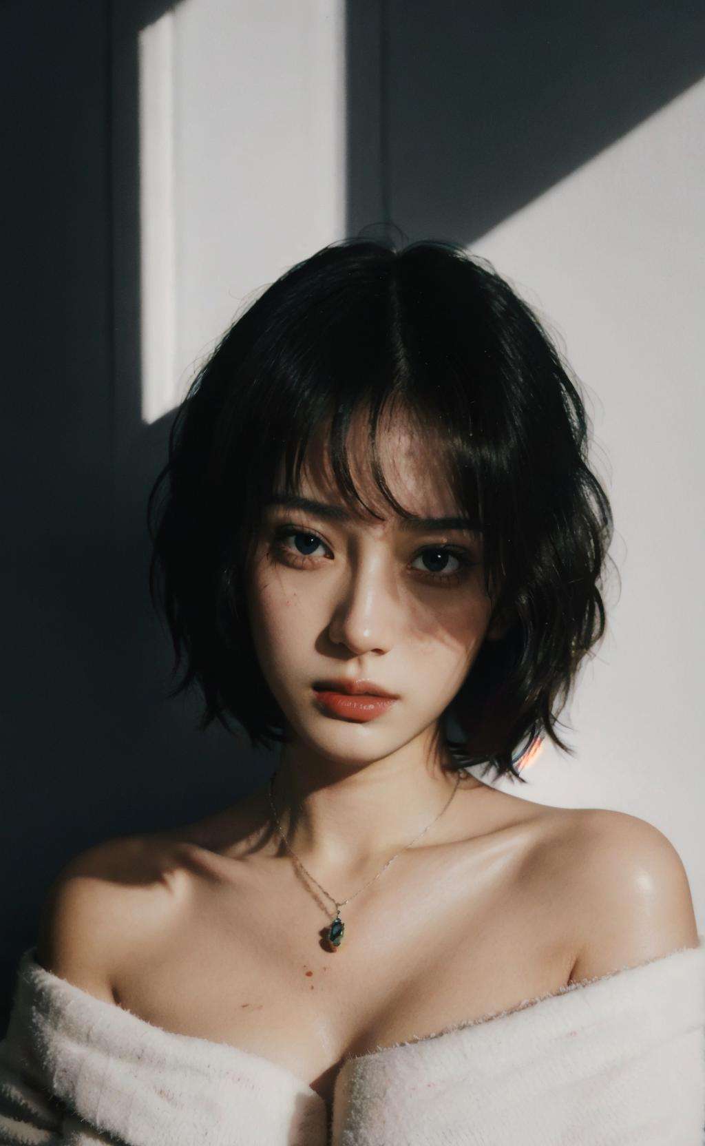 <lora:InstantPhotoX3:0.7>, fashion photography portrait of 1girl, offshoulder, fluffy short hair, soft light, rim light, beautiful shadow, low key, (photorealistic, raw photo:1.2), (natural skin texture, realistic eye and face details), hyperrealism, ultra high res, 4K, Best quality, masterpiece, necklace, (cleavage:0.8), in the dark