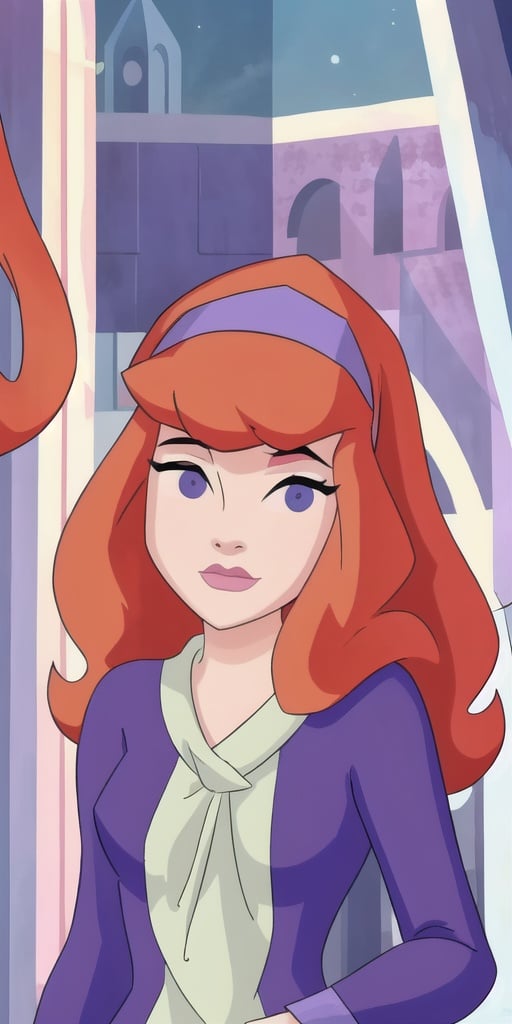 daphneblake, (8k, RAW photo, best quality, masterpiece:1.2), (intricate details), perfect eyes, perfect face, perfect lighting, beautiful, (masterpiece:1.2), (best quality:1.2), 1girl, cartoon style, solo, redhead, purple eyes, look at viewer, purple headband, no pupile, <lora:daphneblake-10:0.8>, castle in background
