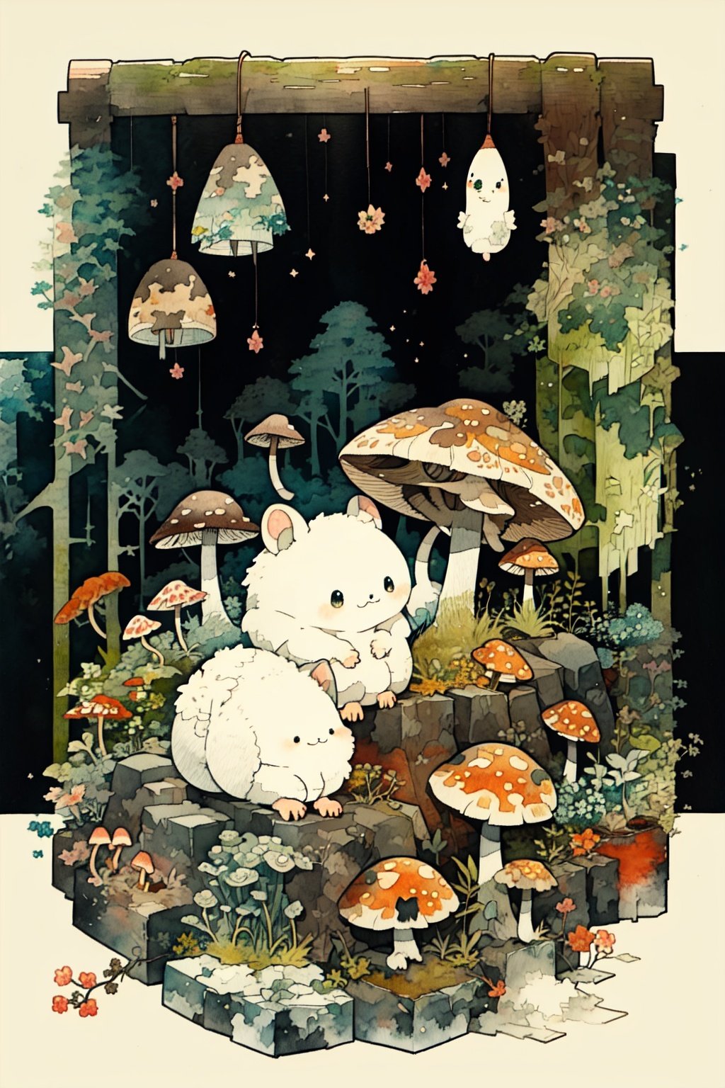 style of David Mattingly, a cute small fluffy mammal dragon, nature themed, moss, mushrooms, Illustration, Character Design, Watercolor, Ink, thematic background, japan, ambient enviroment, epic, candystyle