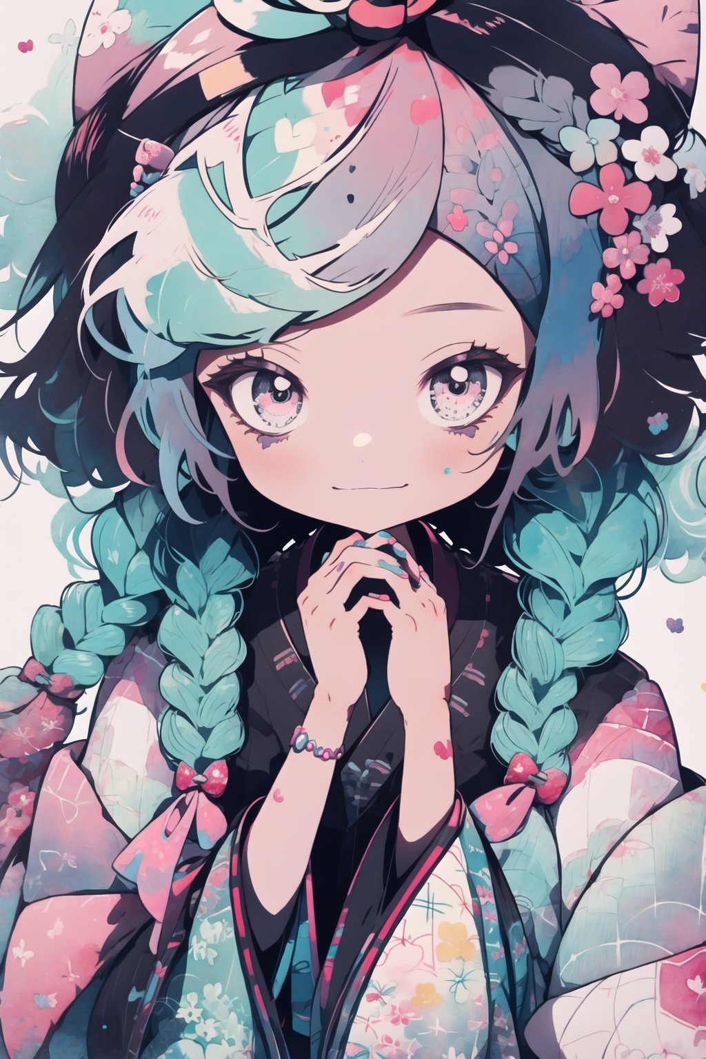 style of Jeremiah Ketner, from below, close up, 1girl, hands up, long braids, asymmetrical bob, kimono on, painted nails, serious, sweet theme, candy, sign, tiny cute follower, candyshop, ultradetailed background, intricate details, pastel color, poster, Illustration, Character Design, Watercolor, Ink, thematic background, japan, ambient enviroment, epic, candystyle