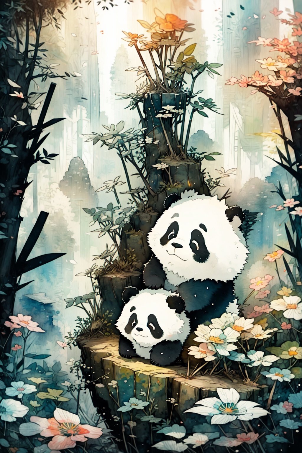 style of Jonny Duddle, a tiny panda, vietnam, jungle, summer, mountain peak, dynamic pose, serious, focused, bokeh, depth of field, scenery, blurry background, light particles, strong wind, cosy background, warm color, Illustration, Character Design, Watercolor, Ink, oil, thematic background, ambient enviroment, epic
