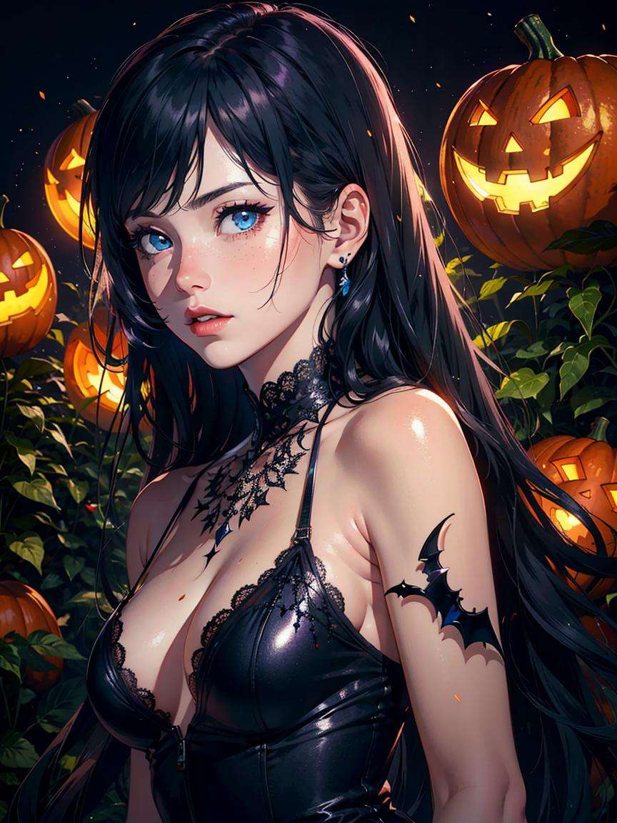 Ultra-realistic 8k CG, masterpiece, ((ultra-detailed background, delicate pattern, intricate details)), best quality, very detailed face, extremely detailed eyes and face, extremely detailed eyes, 1girl, black hair, long hair, light blue eyes, sharp eyes, full body, Flower Sea, Halloween, pumpkin lantern, night, bat, Blood Spray, Northern Lights, chiaroscuro, <lora:sunAndShadow_v10:0.5>