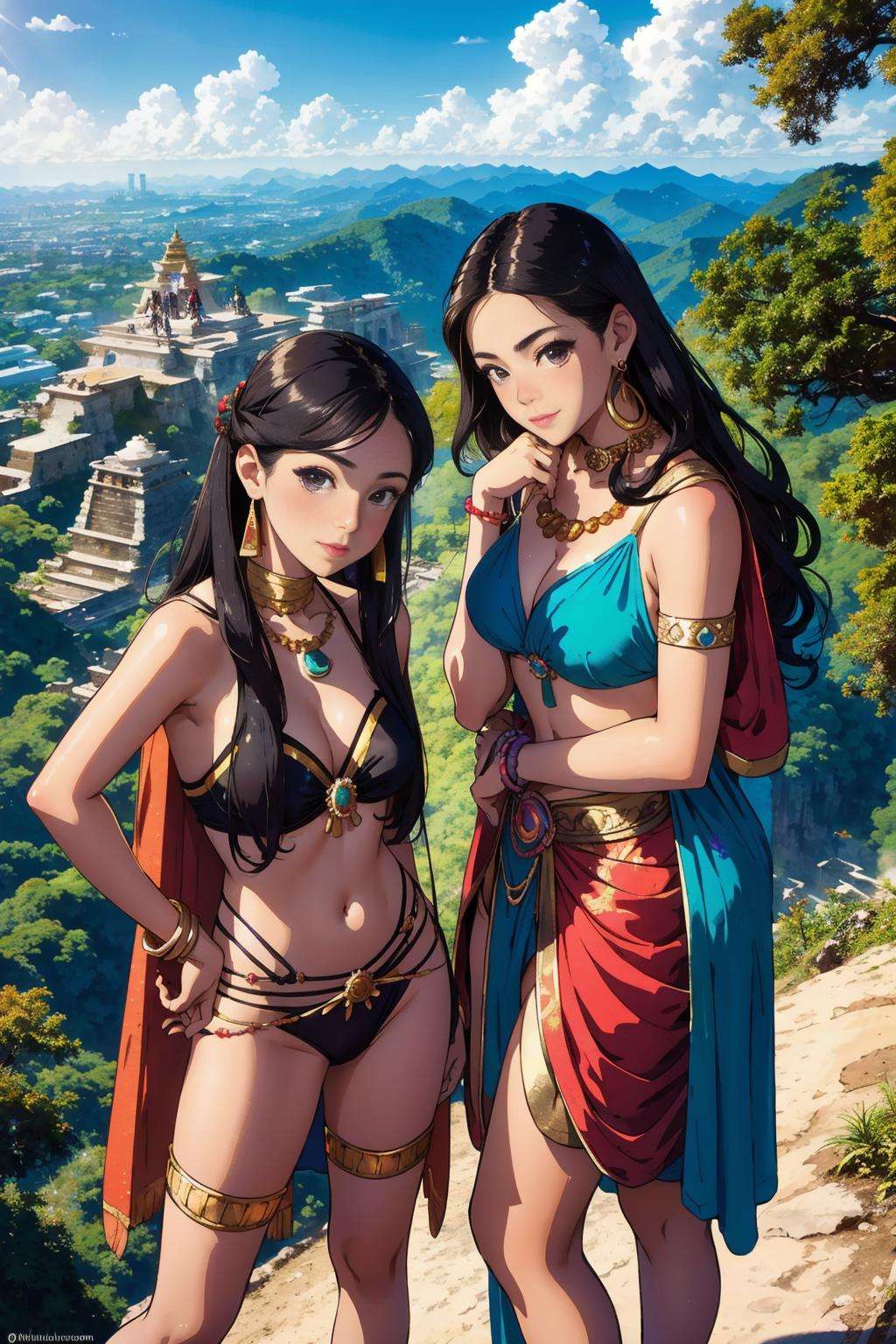 a maya royal couple standing on a mountain overlooking an ancient (metropolis) wearing skimpy clothing and jade jewelry, maya pyramid