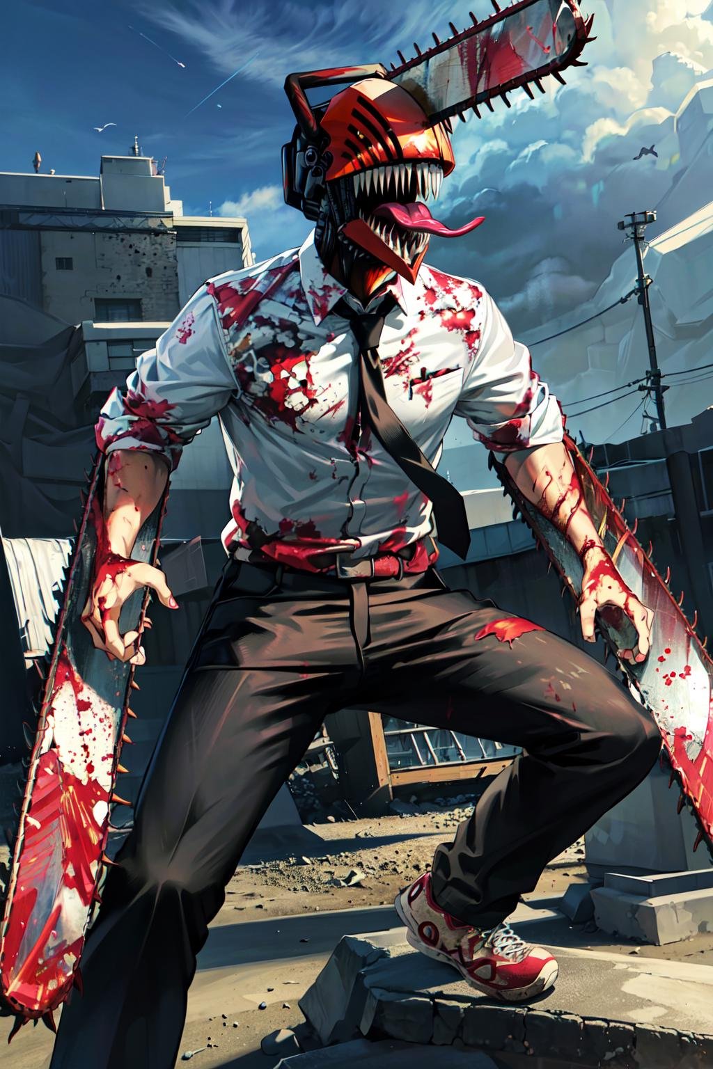 masterpiece, best quality, highres, monster boy, djb, sharp teeth, chainsaw, blood on clothes, blood on weapon, collared shirt, black pants, <lora:denji_v2:0.9>, tongue out,