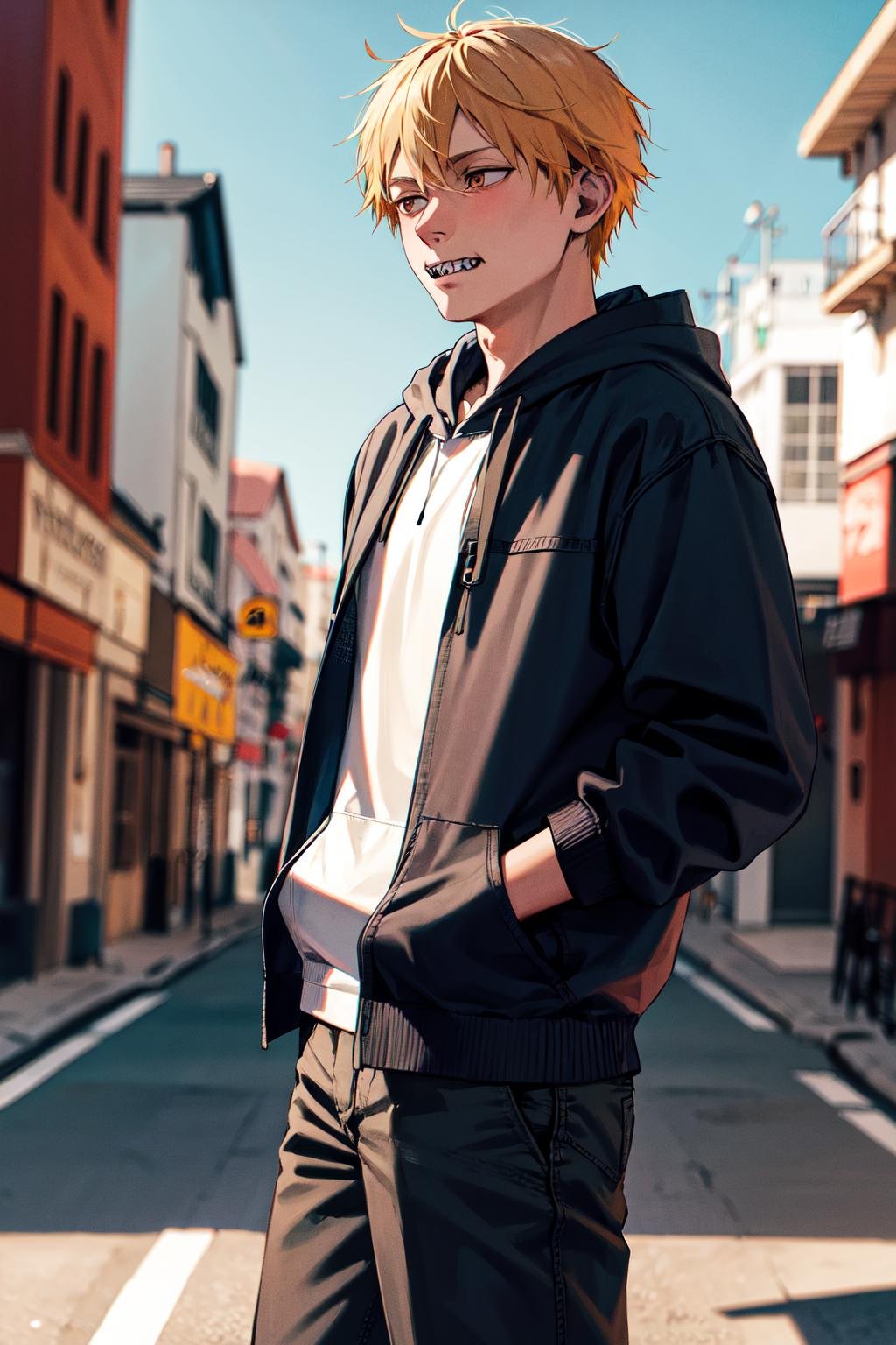 masterpiece, best quality, highres, dja,short hair, sharp teeth, <lora:denji_v2:0.7>, cowboy shot, hoodie, street, walking, hand in pocket, 