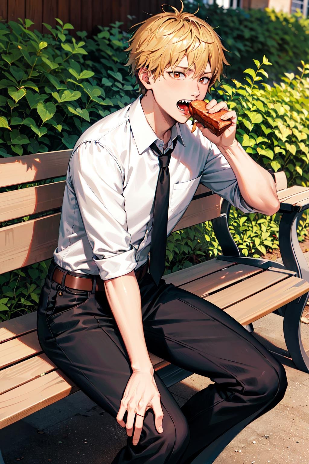 masterpiece, best quality, highres, dja, black necktie, white shirt, collared shirt, sleevesa rolled up, black pants, belt, short hair, <lora:denji_v2:0.6>, cowboy shot, sharp teeth,  sitting, bench, eating, open mouth,