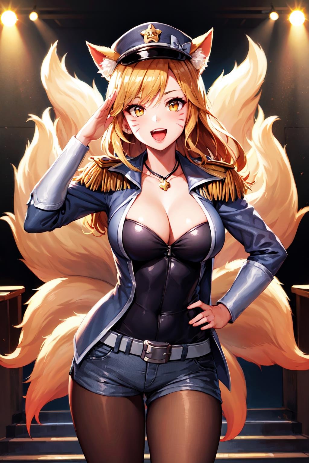 masterpiece, best quality, highres, ah2, facial mark, multiple tails, fox tail, hat bow, necklace, peaked cap, jewelry, cleavage, epaulettes, necklace, belt, jacket, open jacket, short shorts, black pantyhose, long sleeves, large breasts, <lora:ahri_v1:0.7>, standing, cowboy shot, stage, smile, salute, hand on hip, open mouth,