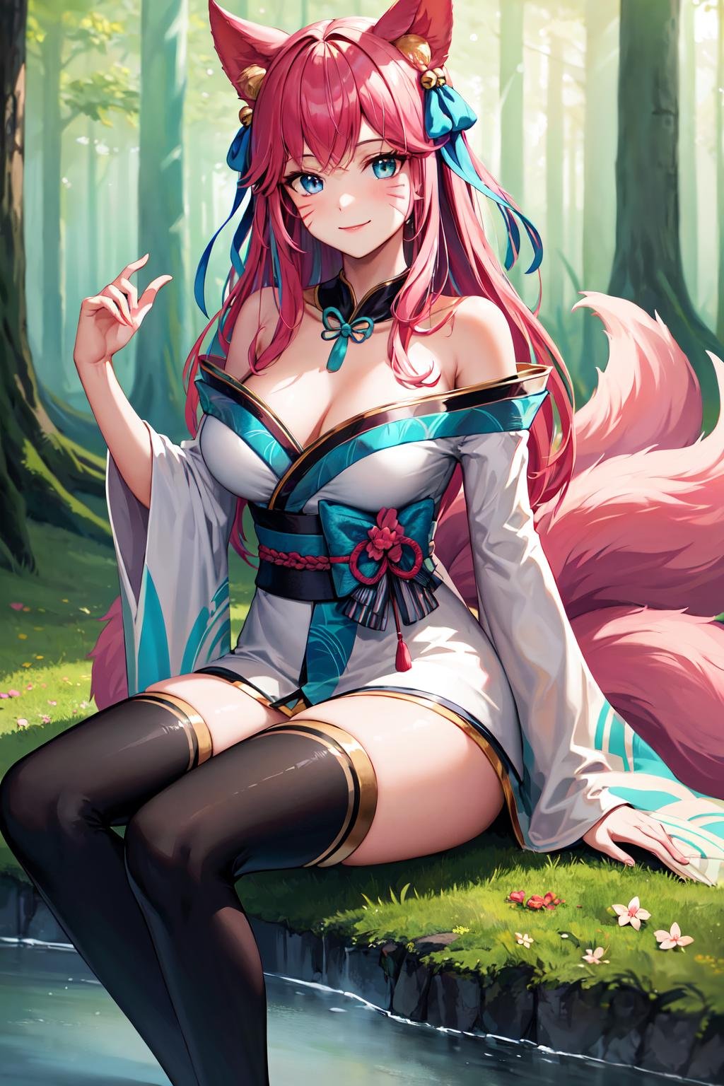 masterpiece, best quality, highres, ah4, pink hair, facial mark, multiple tails, fox tail, japanese clothes, bare shoulders, white thighhighs, hair ribbon, large breasts, <lora:ahri_v10:0.7>, forest, sitting, smile,