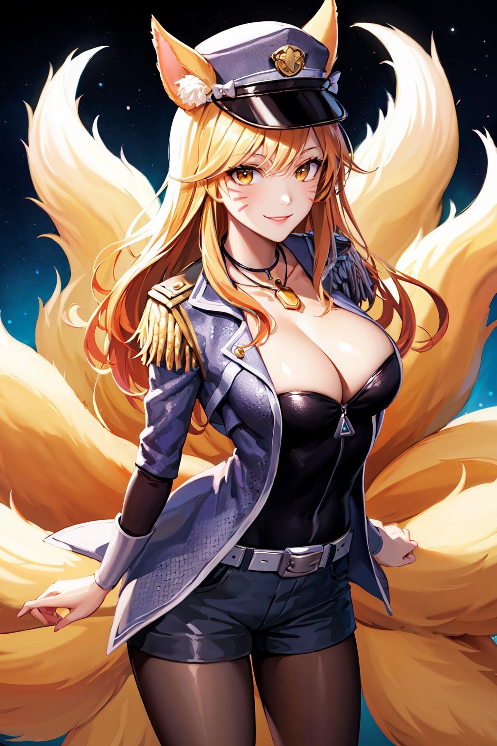 masterpiece, best quality, highres, ah2, facial mark, multiple tails, fox tail, hat bow, necklace, peaked cap, jewelry, cleavage, epaulettes, necklace, belt, jacket, open jacket, short shorts, black pantyhose, long sleeves, large breasts, <lora:ahri_v10:0.7>, standing, cowboy shot, stage, smile