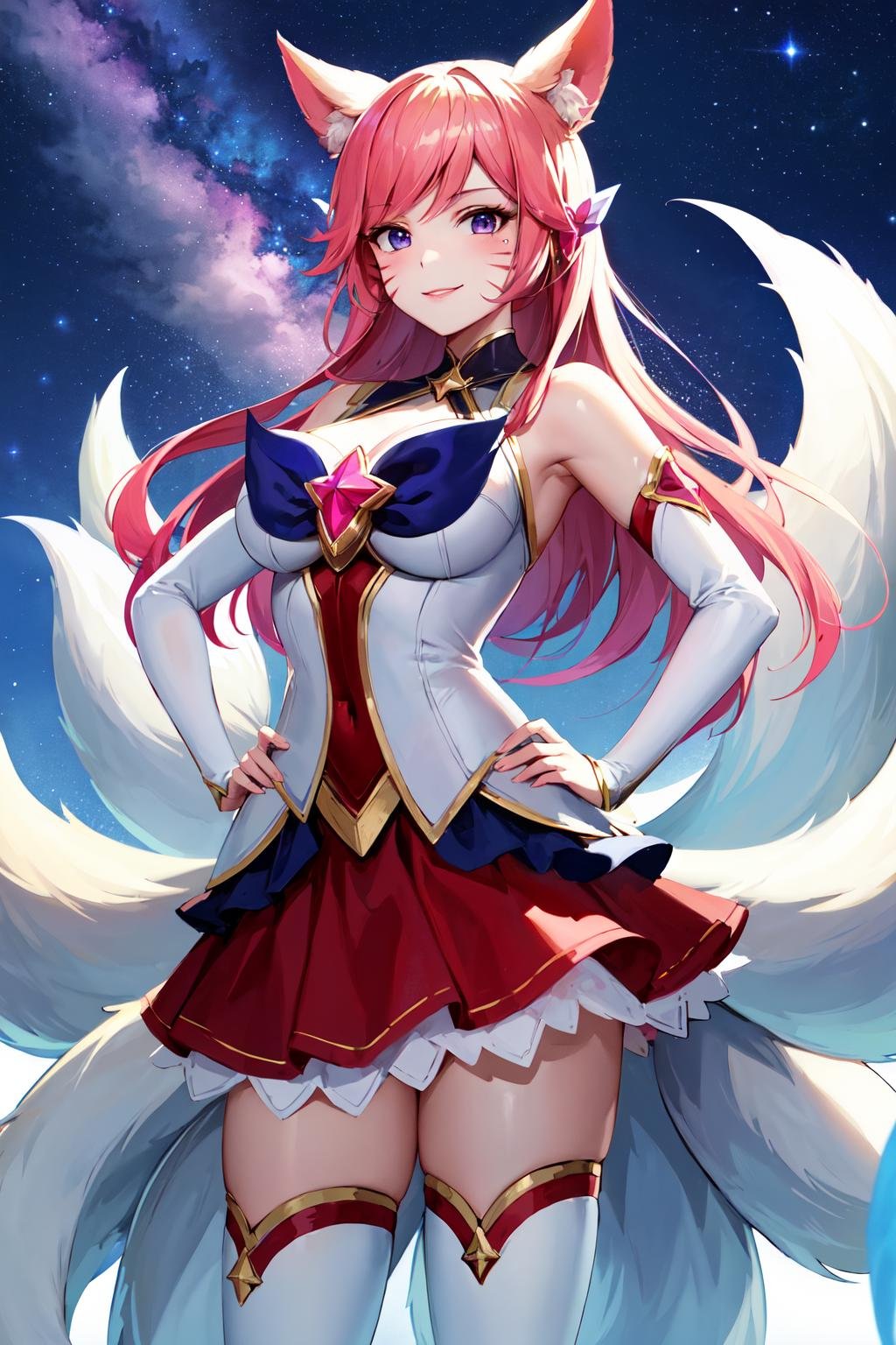 masterpiece, best quality, highres, ah3, facial mark, multiple tails, fox tail, magical girl, skirt, detached sleeves, elbow sleeve, white thighhighs, large breasts, <lora:ahri_v10:0.7>, smile, cowboy shot, standing, hand on hip, outdoors,
