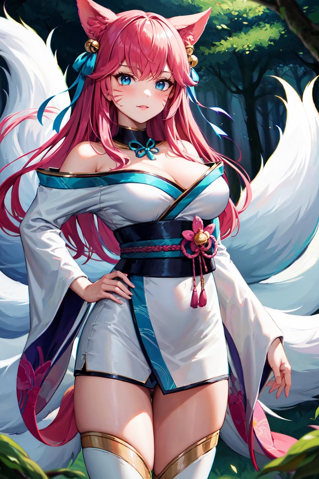 masterpiece, best quality, highres, ah4, pink hair, facial mark, multiple tails, fox tail, japanese clothes, bare shoulders, white thighhighs, hair ribbon, large breasts, <lora:ahri_v10:0.7>, forest, standing, cowboy shot,