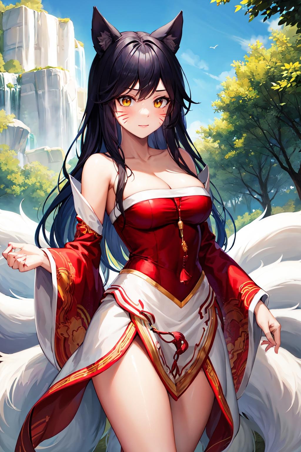 masterpiece, best quality, highres, ah1, facial mark, multiple tails, fox tails, korean clothes, cleavage, bare shoulders, detached sleeves, <lora:ahri_v10:0.7>, outdoors, standing, cowboy shot,
