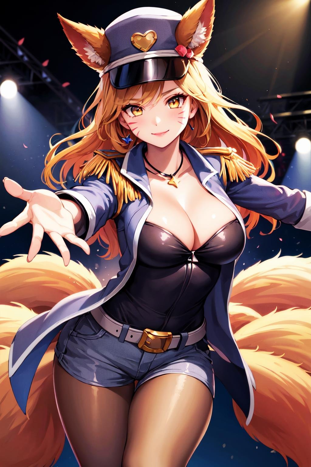 masterpiece, best quality, highres, ah2, facial mark, multiple tails, fox tail, hat bow, necklace, peaked cap, jewelry, cleavage, epaulettes, necklace, belt, jacket, open jacket, short shorts, black pantyhose, long sleeves, large breasts, <lora:ahri_v1:0.7>, standing, cowboy shot, stage, smile, outstretched arms,