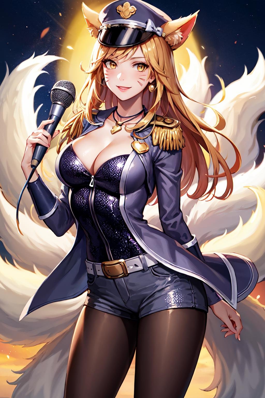 masterpiece, best quality, highres, ah2, facial mark, multiple tails, fox tail, hat bow, necklace, peaked cap, jewelry, cleavage, epaulettes, necklace, belt, jacket, open jacket, short shorts, black pantyhose, long sleeves, large breasts, <lora:ahri_v10:0.7>, standing, cowboy shot, smile, holding microphone, 