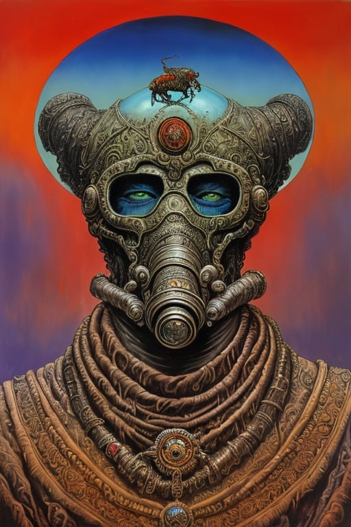 methurlant, A portrait of a robot, (intricate, atmospheric, surreal, gritty, cinematic, stylized, contrast, comic, eerie, stylized, cybernetic, futuristic, dystopian), Cloudy, Art Nouveau, Door ajar,Gas masks, Desolation, (Simultaneous contrast:1.1), (Color Theory:1.1), (Frottage:1.1), (Reflected light:1.2), Fur, Cylinder, ultra detailed, intricate, oil on canvas, dry brush, (surrealism:1.1), (disturbing:1.1)
