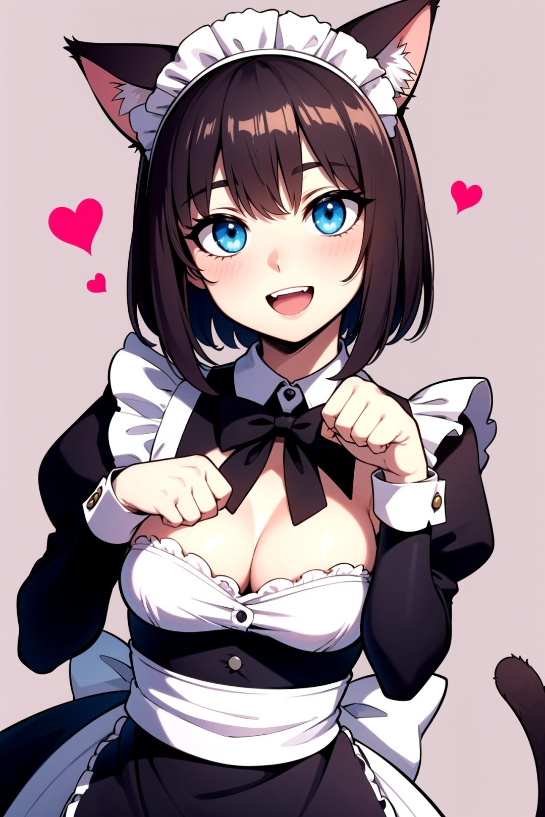 masterpiece, best quality, catgirl, (paw pose:1.2), cute, (maid, maid costume:1.2), :D, heart, (cat pose:1.2), upper body, looking at viewer, (perfect eyes:1.1), pov, cat tail