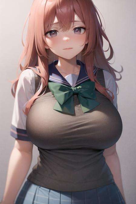 inui shinju, school uniform, grey vest, green bowtie, huge breasts, (blue sailor collar:1.2), long hair, <lora:sono-bisque_v4.0b:1>, masterpiece, best quality, highly detailed