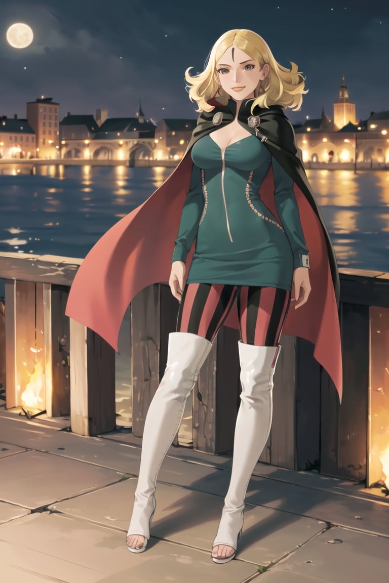 masterpiece, best quality, Delta, delta_dress, blonde hair,earrings, smile,cape, best quality, masterpiece, intricate details, scenary, city, outdoors, night, sky, moon, trending on Artstation,1 girl, solo,looking at viewer, (full body), standing,(intricately detailed, hyperdetailed), blurry background,depth of field, best quality, masterpiece, intricate details, tonemapping, sharp focus, hyper detailed, trending on Artstation,1 girl, high res, official art