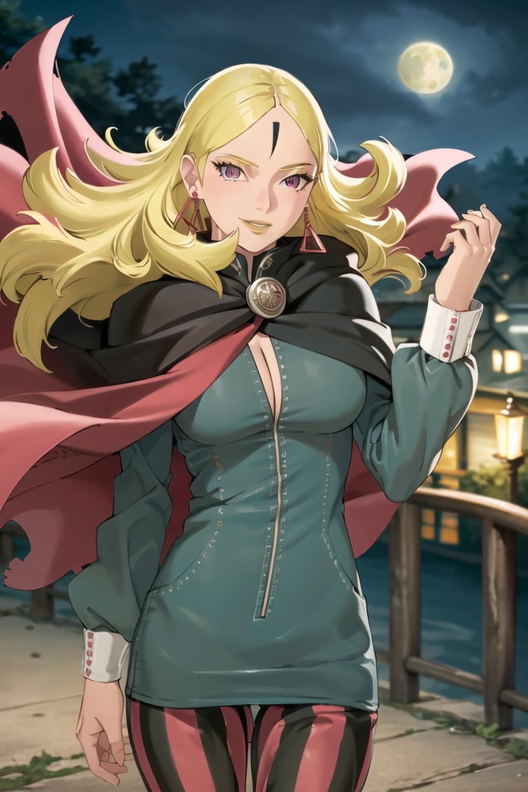 masterpiece, best quality, Delta, delta_dress, blonde hair,earrings, smile,cape, (upper body), best quality, masterpiece, intricate details, scenary, city, outdoors, night, sky, moon, trending on Artstation,1 girl, solo,looking at viewer, thigh gap, cowboy shot, standing,(intricately detailed, hyperdetailed), blurry background,depth of field, best quality, masterpiece, intricate details, tonemapping, sharp focus, hyper detailed, trending on Artstation,1 girl, high res, official art