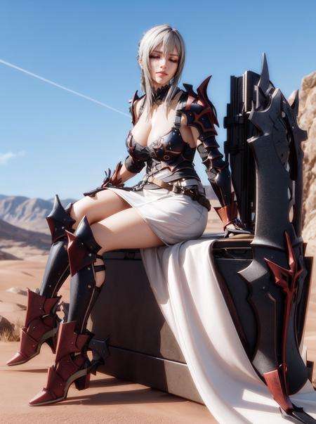 (high quality:1.3), highly detailed, (3D, cycle render, computer graphics:1.2), AraneaHighwind, sitting on rock with closed eyes, serenity, (beautiful sky background:1.1), (desert, hills and sky:1.1), (full body shot:1.15),grey hair, lipstick, makeup, black eyeshadow, eyelashes, (ultra detail hair:1.1), ultra realistic hair, ultra detail face, green eyes, (perfect eyes, perfect face:1.1),black Armor, breastplate, (greaves:1.2), pants, gauntlets, shoulder armor, pauldrons, white dress, armored dress,(Large Breasts:1.2), cleavage, <lora:AraneaHighwind-000009:0.8>,  <lora:add_detail:0.8>