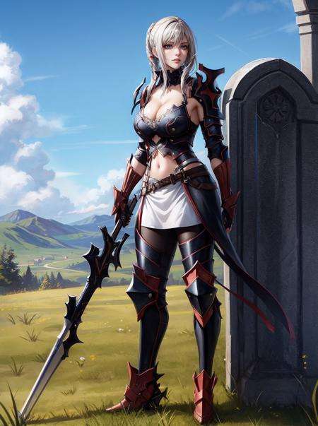 (high quality:1.3), highly detailed, (drawing, professional artwork:1.2, artstation),AraneaHighwind, standing, holding huge weapon lance, (beautiful sky background:1.1), (grass, hills and sky:1.15), (full body shot:1.15),grey hair, lipstick, makeup, black eyeshadow, eyelashes, (ultra detail hair:1.1), ultra realistic hair, ultra detail face, green eyes, (perfect eyes, perfect face:1.1),black Armor, breastplate, (greaves:1.2), pants, gauntlets, shoulder armor, pauldrons, white dress, armored dress,(Large Breasts:1.2), cleavage, <lora:AraneaHighwind-000009:0.8>, <lora:add_detail:0.8>