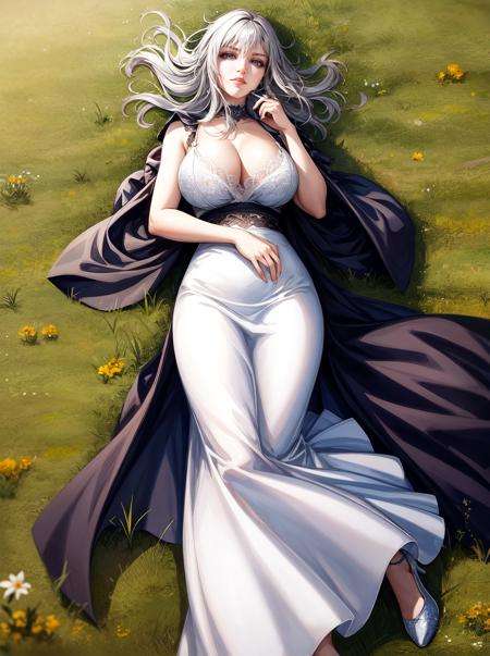 (high quality:1.3), highly detailed, (drawing, professional artwork:1.2, artstation), AraneaHighwind, lying on grass, (beautiful sky background:1.1), (grass, hills and sky:1.15), looking at viewer, smirking, flirting, (full body shot:1.15),grey hair, lipstick, makeup, black eyeshadow, eyelashes, (ultra detail hair:1.1), ultra realistic hair, ultra detail face, green eyes, (perfect eyes, perfect face:1.1),white dress, white highheels,(Large Breasts:1.2), cleavage, <lora:AraneaHighwind-000009:0.8>,  <lora:add_detail:0.8>