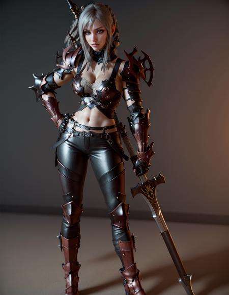 (high quality:1.3), highly detailed, (3D, cycle render, computer graphics, raytracing:1.2), AraneaHighwind, battle stance, holding weapon, lance, desert with mountains background, blue skies, (full body shot:1.15),grey hair, hime cut, blunt bangs, lipstick, makeup, black eyeshadow, eyelashes, (ultra detail hair:1.1), ultra realistic hair, ultra detail face, green eyes, (perfect eyes, perfect face:1.1),Armor, breastplate, (greaves:1.2), pants, gauntlets, shoulder armor, pauldrons,(Large Breasts:1.2), cleavage, <lora:AraneaHighwind-000009:0.9>,  <lora:add_detail:0.3>