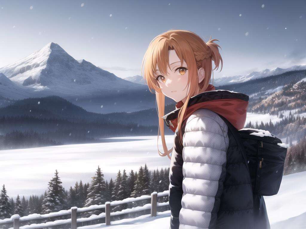 ((asuna)), ((masterpiece)), highres, asuna \(sao\), crown braid, light orange hair, looking at viewer, mountain, dutch-angle, snow, snowflakes