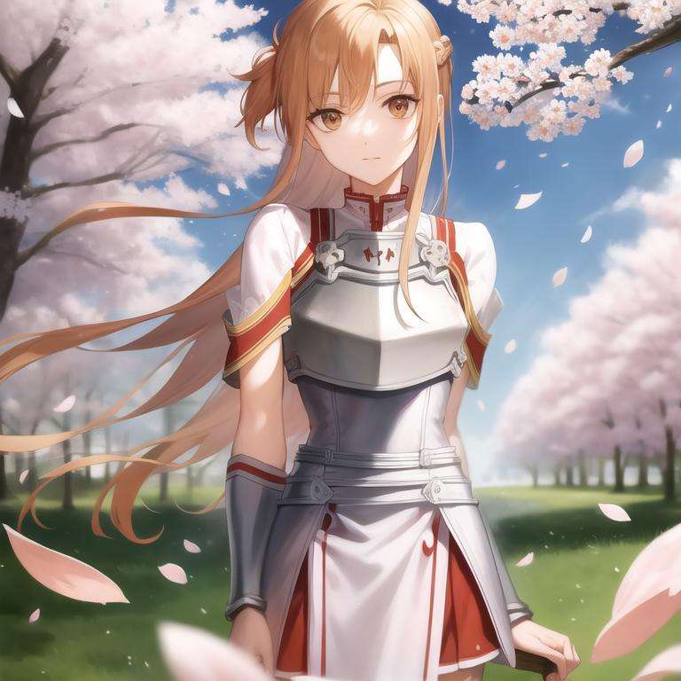 asuna, ((masterpiece)), highres, asuna \(sao\), crown braid, light orange hair, armor, cherry blossoms, dutch angle