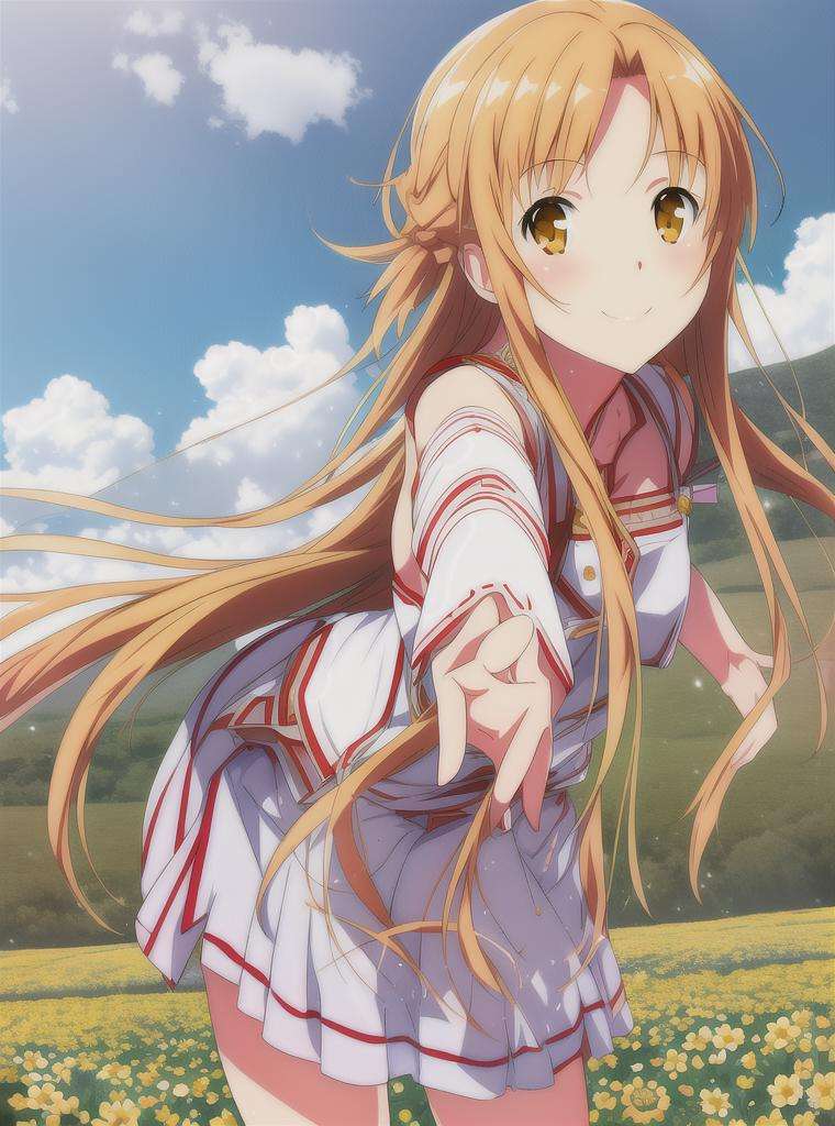 asuna, asuna_\(sao\), 1girl, portrait, flowery field, original, realistic, beautiful scenery,  smiling, action pose, [clouds], closeup <lora:asunaLora_asuna:0.6>